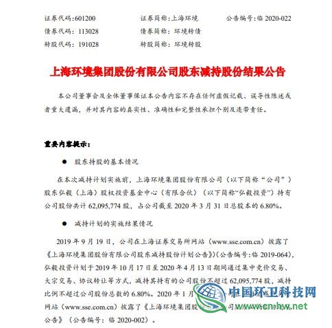 上海环境股东减持1197.07万股 套现约1.44亿元