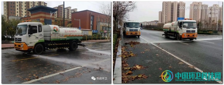 山东平度：雨后落叶萧萧下 环卫工人清扫忙