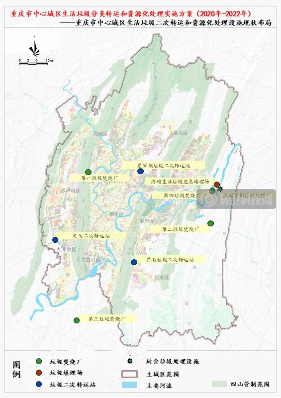 重庆市中心城区生活垃圾二次转运和处理设施布局图