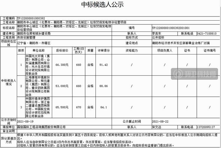 600吨/日！光大环境牵头预中标朝阳市中心城区垃圾焚烧发电项目