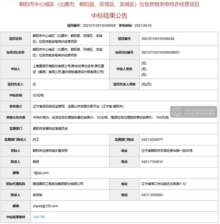 600吨/日！康恒中标辽宁省朝阳市中心城区垃圾焚烧发电项目